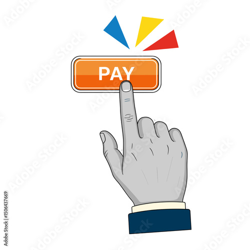 Vector finger pressing an orange pay button with colorful triangles above the button element in the image on transparent background