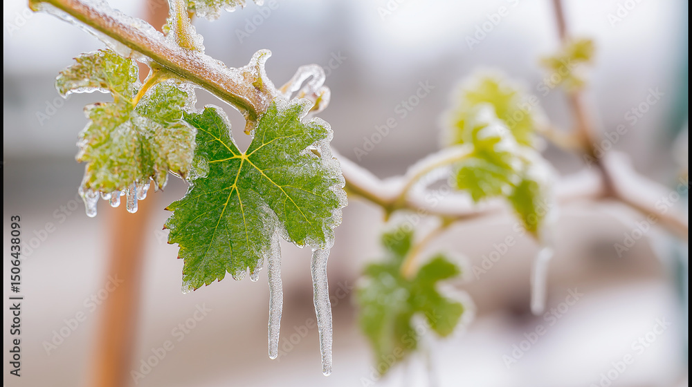 Fototapeta premium Grape vine leaves covered in ice after spring frost, highlighting agricultural vulnerability to weather extremes. 