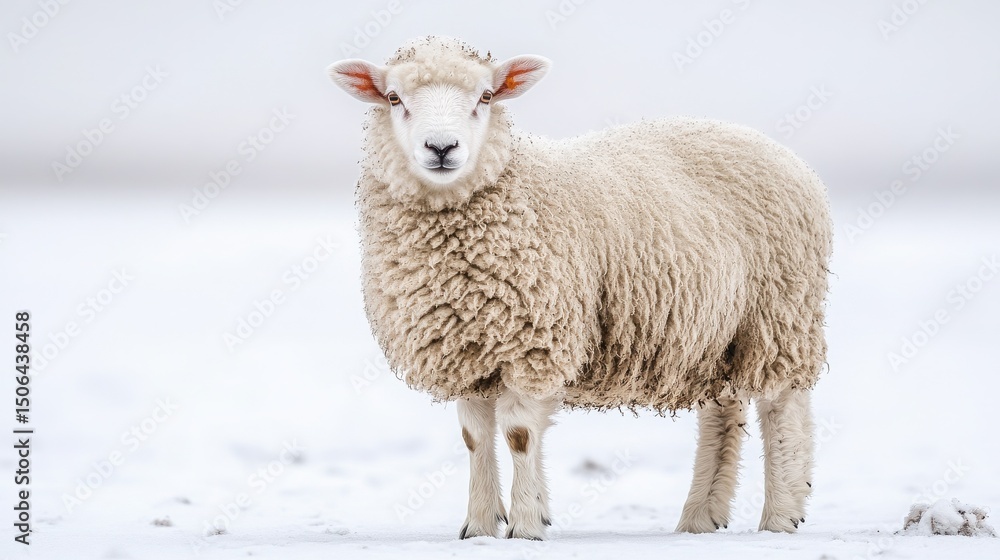 Fototapeta premium A fluffy sheep standing in a snow covered field looking forward