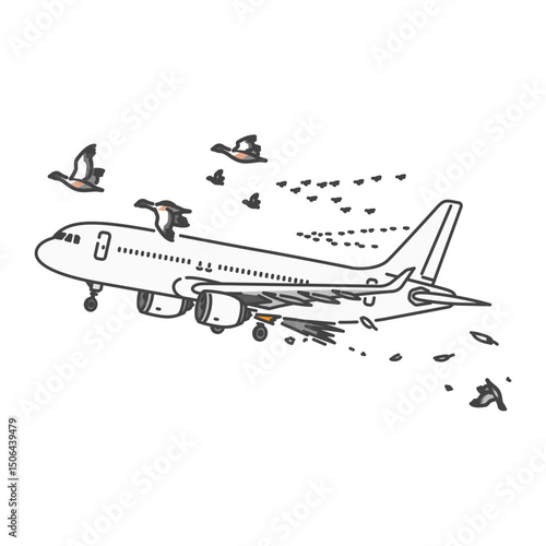 イラスト素材:航空事故・バードストライク！！国内線旅客機と渡り鳥の衝突