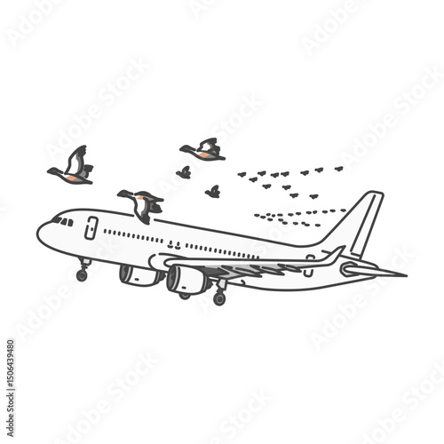 イラスト素材:航空安全・国内線旅客機と渡り鳥の群れ(バードストライクの危険性)
