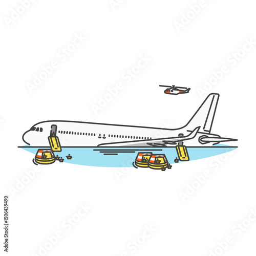 イラスト素材:国内線旅客機が海に不時着・脱出スライドで非常脱出・墜落事故