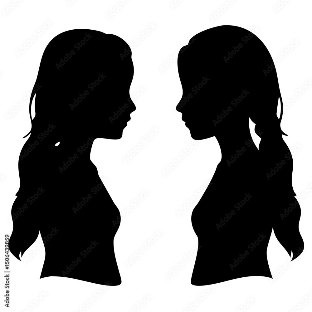 Fototapeta premium Two women silhouettes facing each other isolated on white background