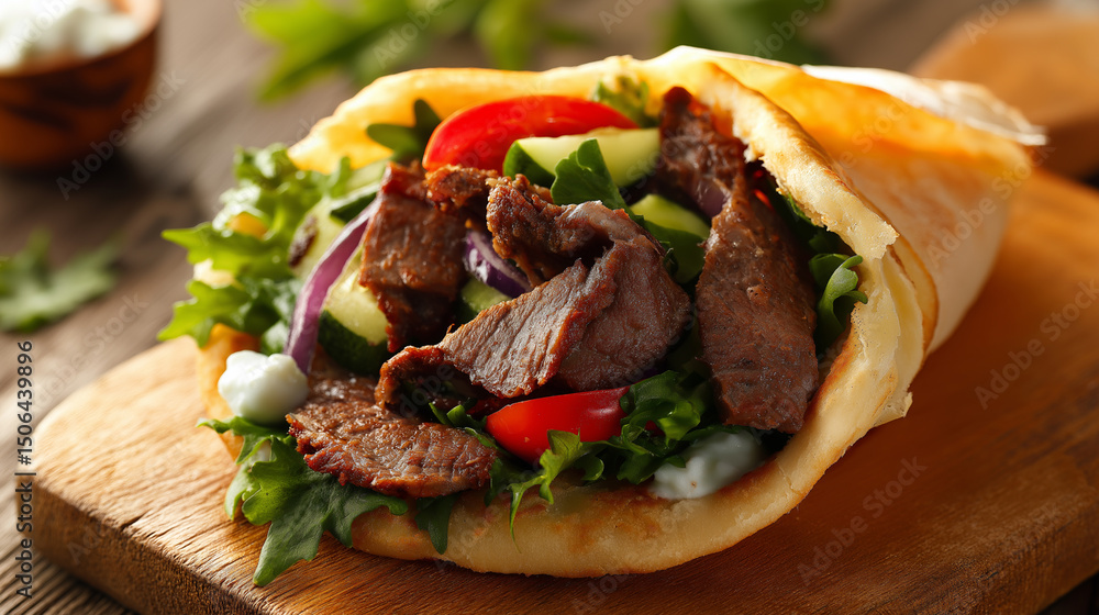 Delicious beef shawarma wrap with vegetables served on wooden board against dark background.
Delicious beef shawarma wrap with vegetables served on wooden board against dark background.