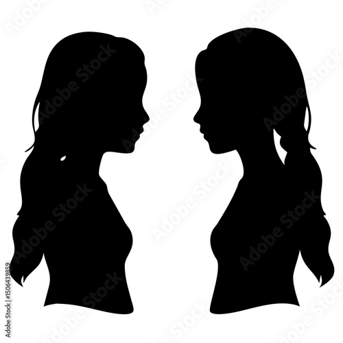 Two women silhouettes facing each other isolated on white background