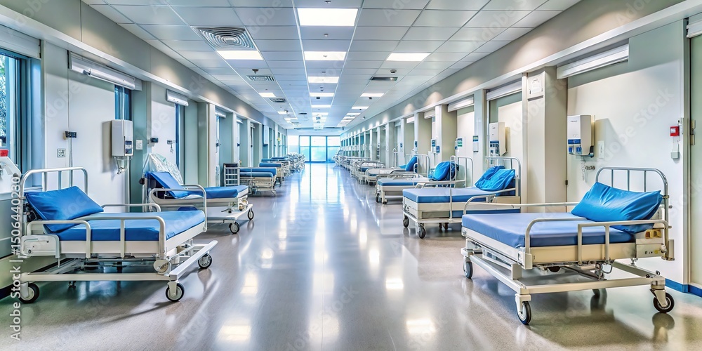Obraz premium Empty Hospital Corridor with Patient Beds - Clean and Modern Medical Facility