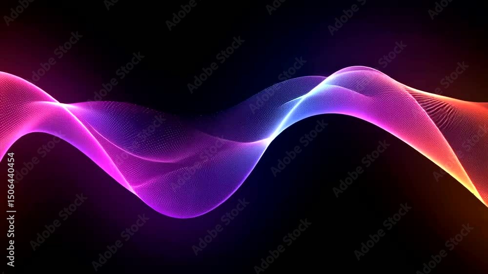 Abstract neon wave illustration with purple, blue, and orange gradient on a black background