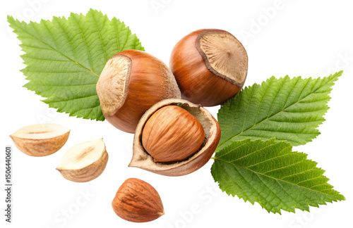  Hazelnuts with leaves isolated on Transparent background 