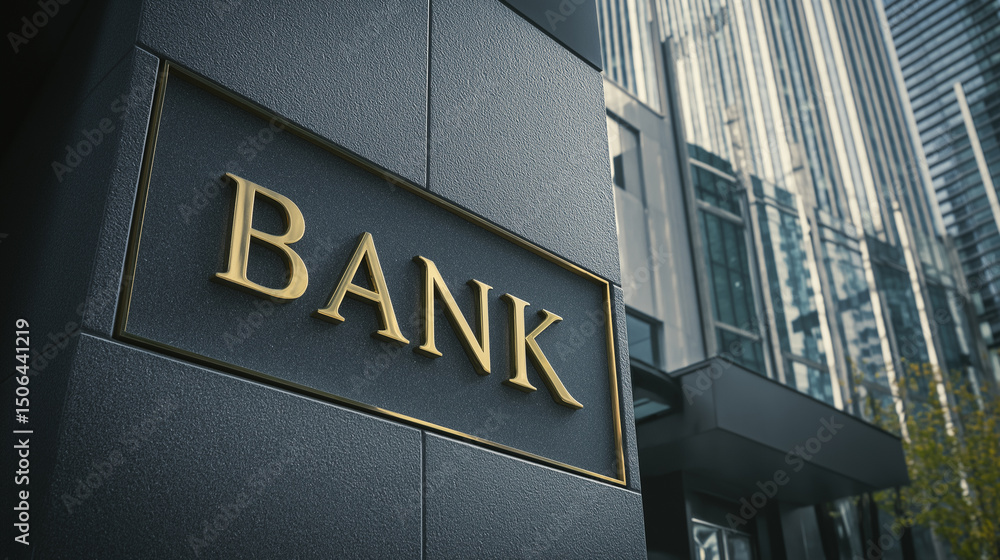 Obraz premium Modern bank building exterior with golden sign and glass skyscrapers in background. 