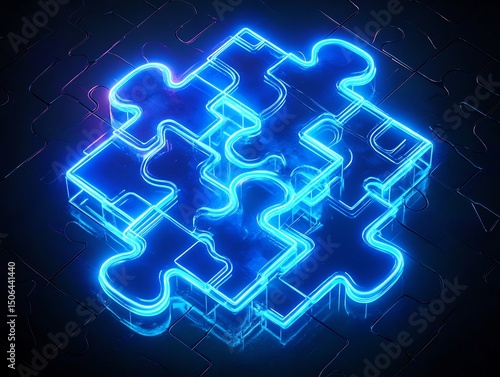 Blue Neon Puzzle Interlocking Pieces of Light Glowing Future Solving Problems Solution Teamwork 3D