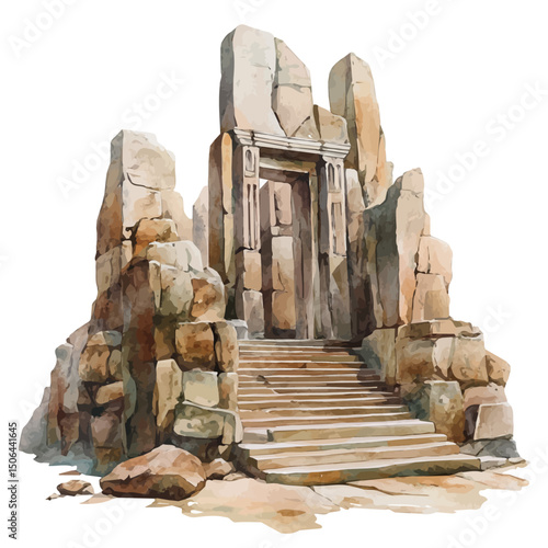 Ancient Temple Ruins, watercolor vector, high quality, isolated on a white background.