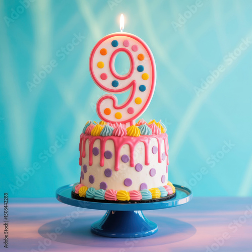 Colorful Birthday Cake with Number 9 Candle and Decorations