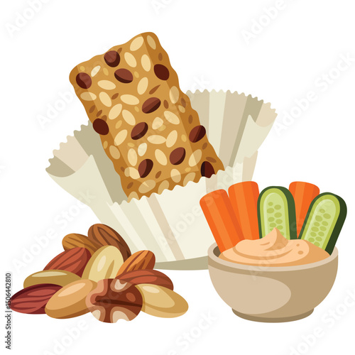 Tasty bread snacks with butter cheese and crackers on wooden surface