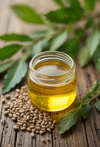 Golden pine nut oil glistening in a glass jar a natural elixir for wellness surrounded by fresh green foliage on rustic