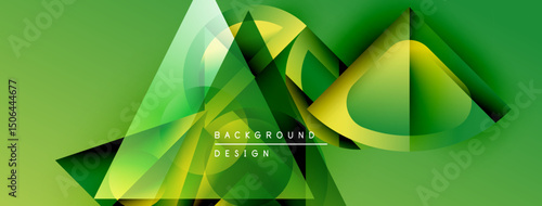 Abstract geometric shapes overlap, creating vibrant green design. Modern background features translucent layers, smooth gradients.