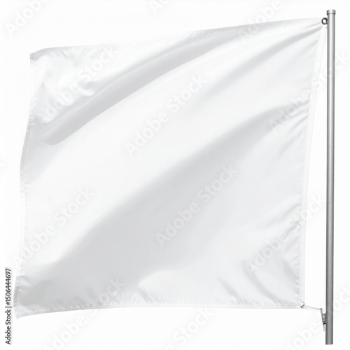 A white flag on a silver pole is waving. Symbolizes surrender or a blank canvas for creativity, minimalist and clean design.