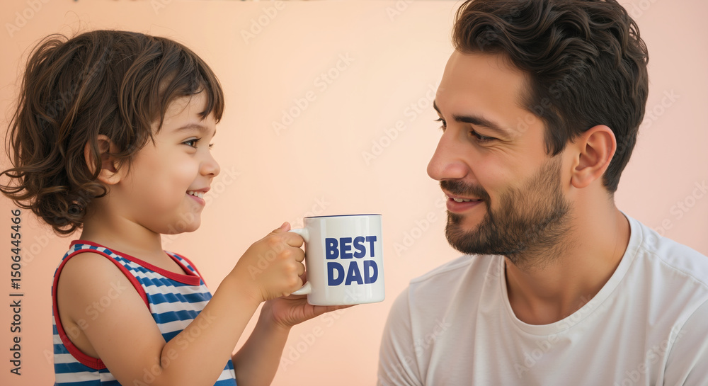 Fototapeta premium Child with striped outfit giving father white 