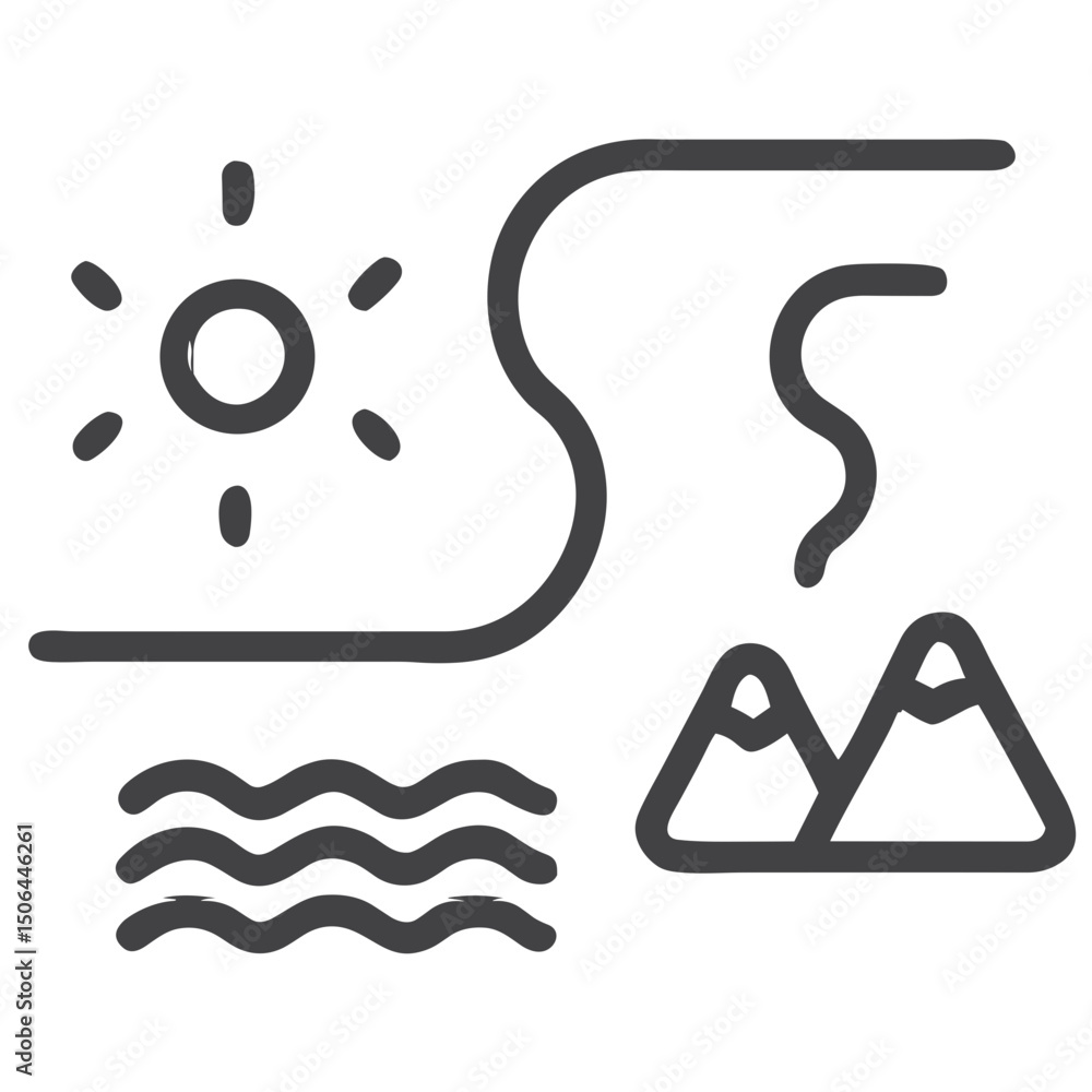 River Flowing Icon - Landscape Nature Scene Icon with Mountains and River for Travel Blogs, Outdoor Adventure Websites, Environmental Education, and Tourism Marketing River Flowing Icon - Landscape Nature Scene Icon with Mountains and River for Travel Blogs, Outdoor Adventure Websites, Environmental Education, and Tourism Marketing