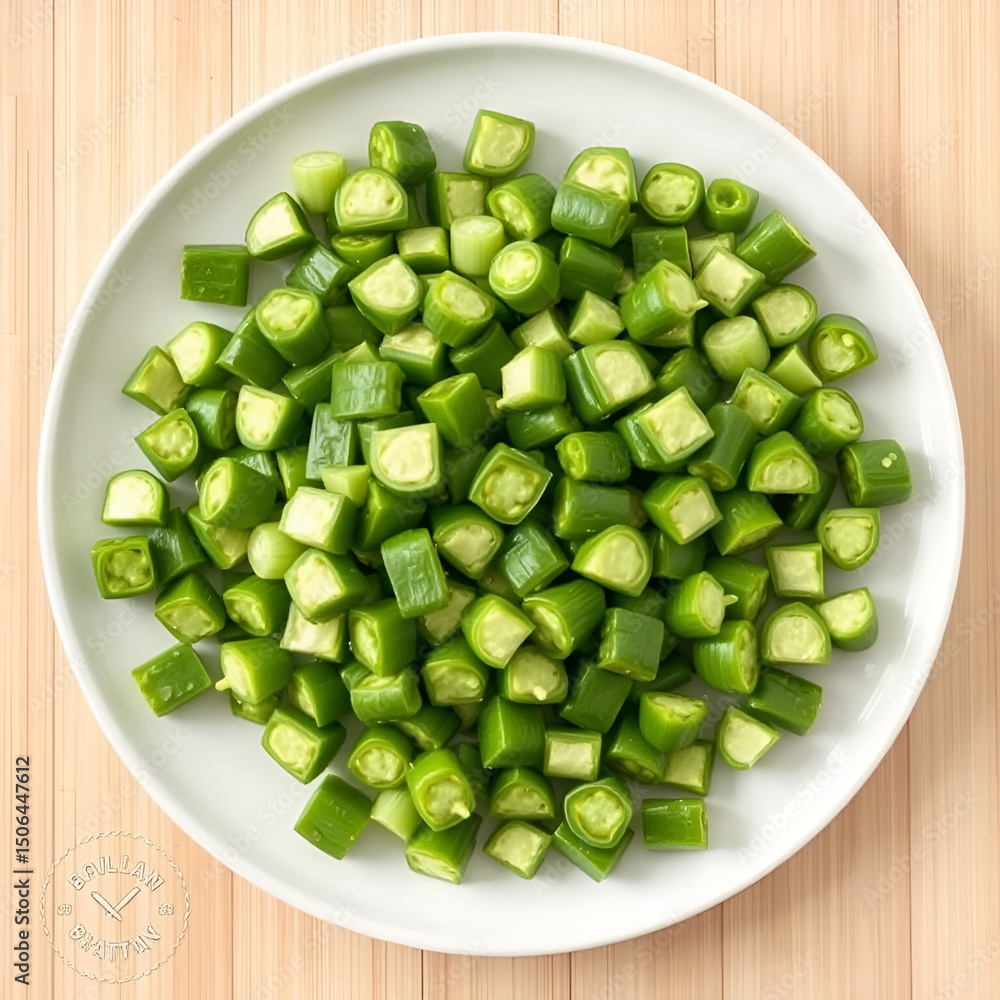 Overhead view of chopped okra on a plate Overhead view of chopped okra on a plate