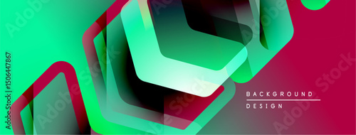 Abstract geometric shapes overlap, creating vibrant gradients. Teal, magenta, green hues dominate design. Modern aesthetic.