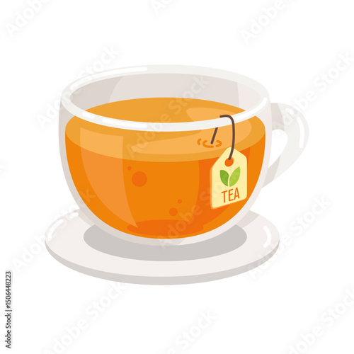Transparent Glass Cup of Herbal Tea with Tea Bag on White Saucer Isolated on White Background