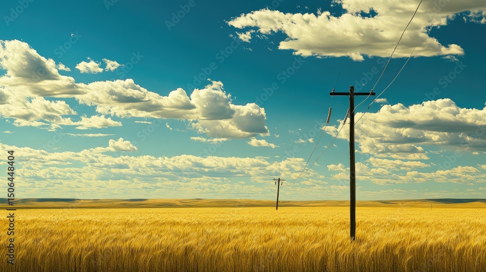 Obraz premium A golden wheat field stretches under a vast blue sky.