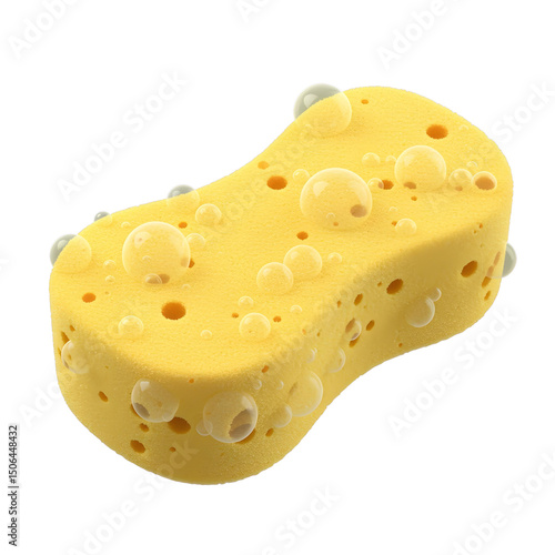 Yellow 3D car cleaning sponge, cute bubbly texture, isolated on transparent background