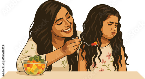 Child refuses to eat food from mother vector illustration
