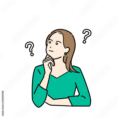 私服の女性がはてなを浮かべて考えるイメージイラスト