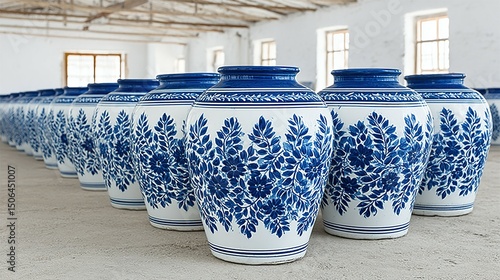 Row of decorative ceramic jars with blue and white floral designs.