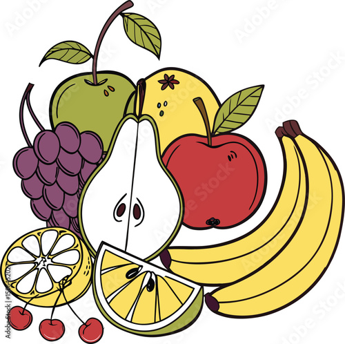 Colorful Cartoon Fruit Collection Flat Vector Illustration of Mixed Fruits on White Background