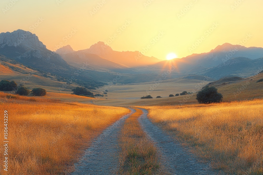 Fototapeta premium Sunrise over mountain valley, road ahead. Peaceful landscape, travel