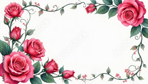 Intricate watercolor rose blooms, swirling vines , background, leaves