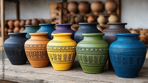 Colorful decorative handcrafted pottery vases arranged on a wooden surface.