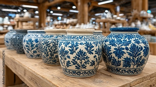 Decorative ceramic vases with blue and white floral patterns on display.