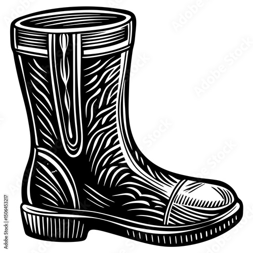 Black and white woodcut style rain boot illustration