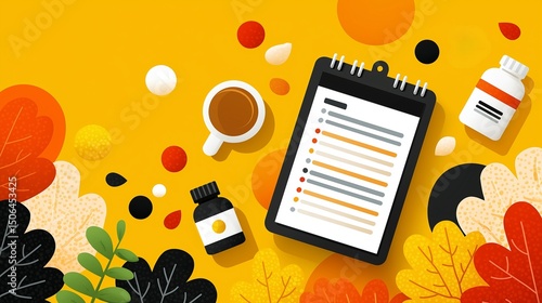 Daily Routine Composition.A visually appealing illustration showcasing a desk scene, filled with essential objects, including a clipboard, pill bottle, and a cup of coffee. Generative ai illustration.