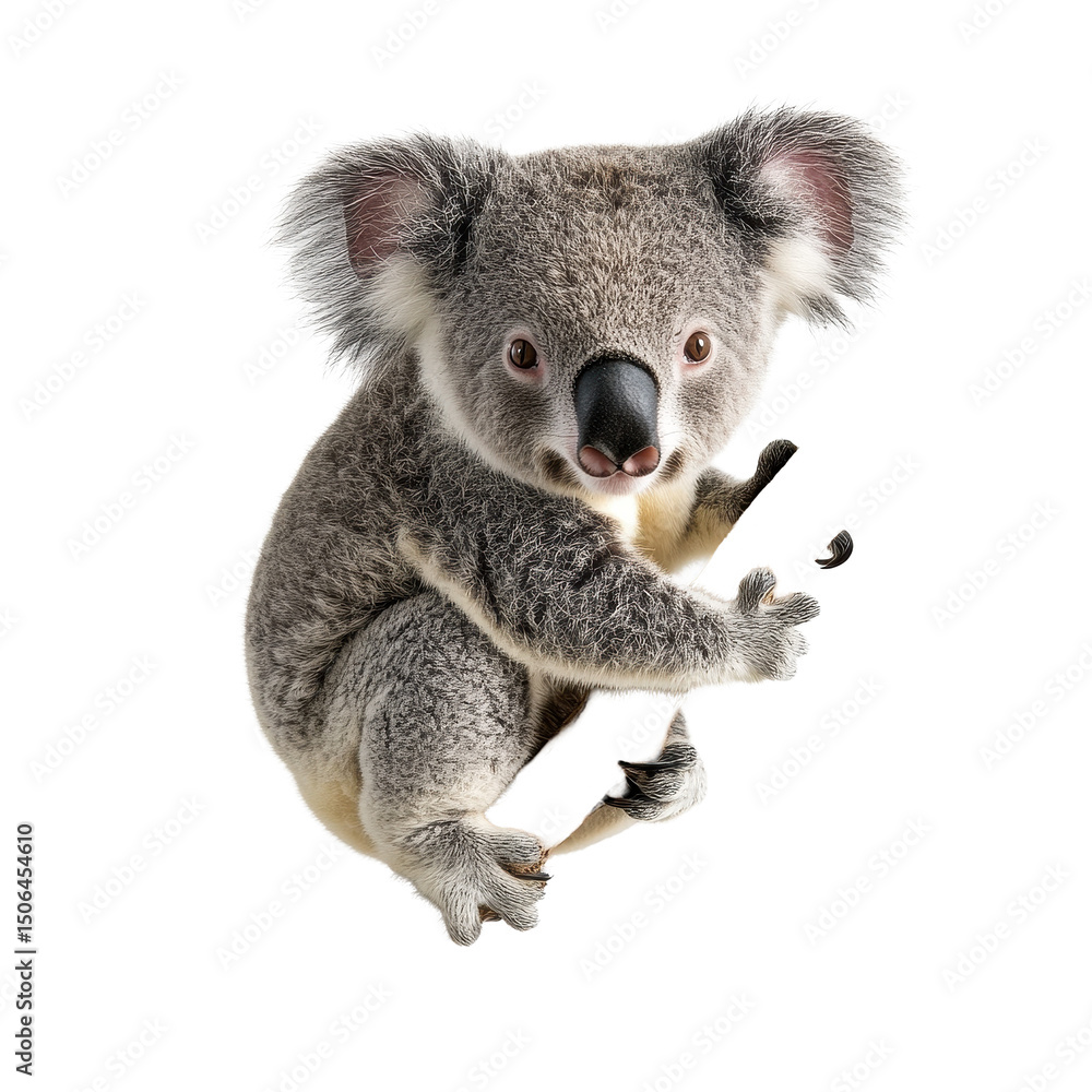 Naklejka premium Koala perched on a branch against a clean white backdrop showcasing its unique features, koala on a branch isolated Transparent background