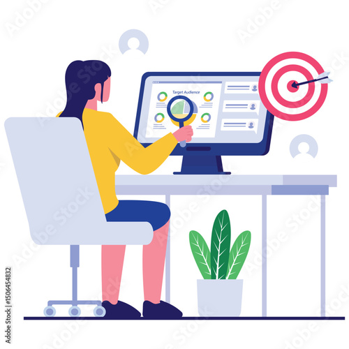 Target Audience Illustration. Vector illustration of A woman examines data on a computer screen to identify and evaluate the target audience. Isolated on background