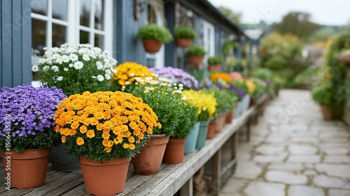 Colorful flowers in terracotta pots displayed on a wooden bench.