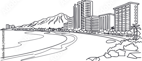 Waikiki Beach & Diamond Head Line Illustration