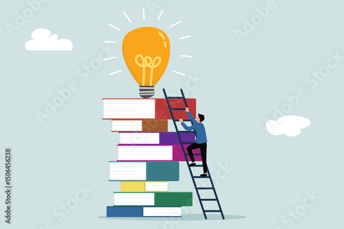 Creativity, knowledge to achieve success, imagination or education to develop skills, inspiration or find solution concepts, young adult male climbing a ladder on a pile of books to get a creative lig