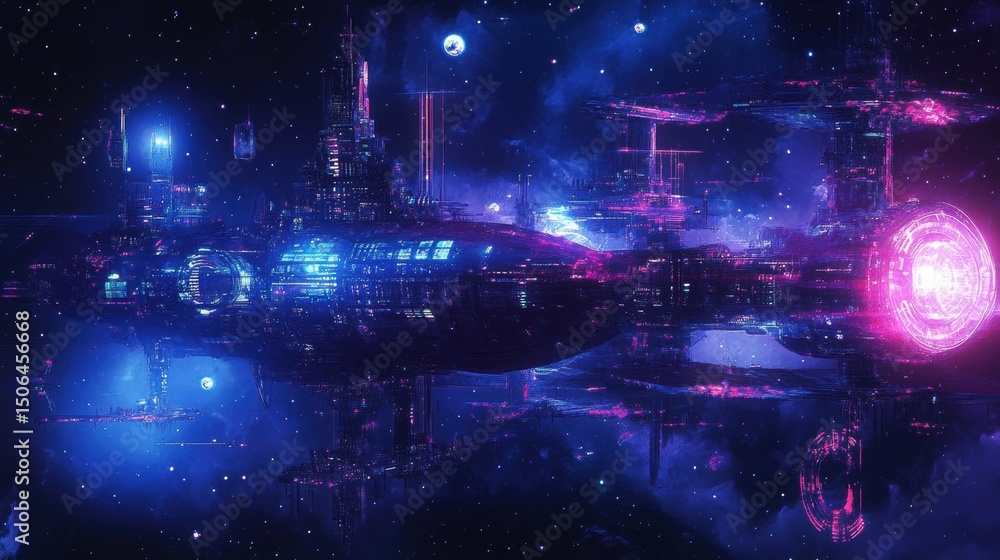 Fototapeta premium Futuristic cityscape with neon lights in space