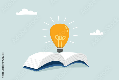Knowledge or education, learning or studying new skills, creativity or ideas, reading books for inspiration, finding solutions or literature, wisdom concepts, open books to find light bulb ideas.