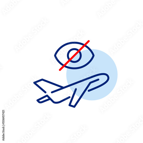 Vector icon of airplane with crossed-out eye, symbolizing hidden flight, private travel, or invisible tracking. Ideal for travel apps, aviation tools, privacy settings