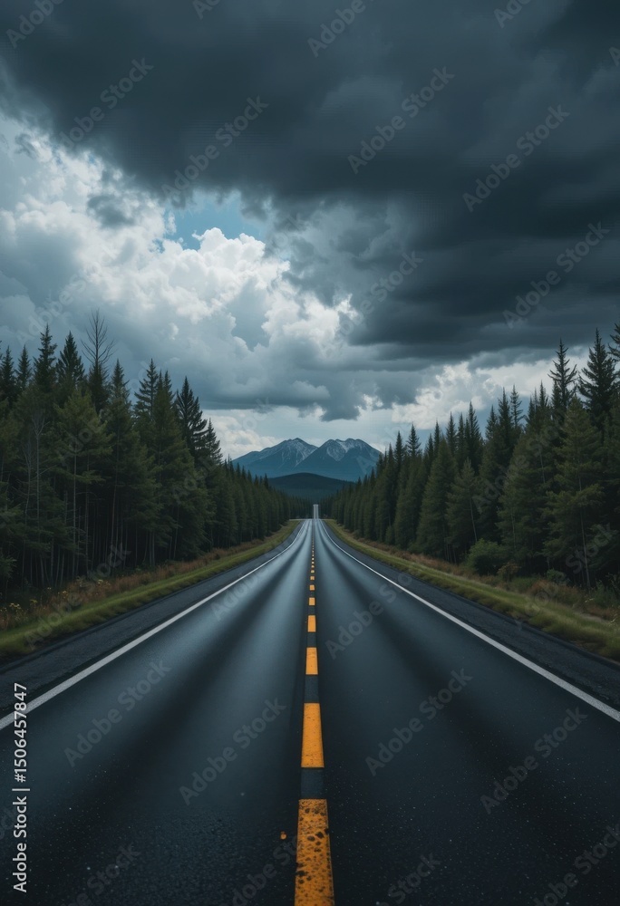 Dramatic Mountain Road with Stormy Sky and Lush Forest Leading to Distant Peaks in a Captivating Landscape Dramatic Mountain Road with Stormy Sky and Lush Forest Leading to Distant Peaks in a Captivating Landscape