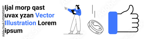 Woman holding a tablet and pointing at a falling coin, accompanied by a thumbs-up symbol and placeholder text. Ideal for finance, approval, feedback, marketing, investments, digital tools, and simple