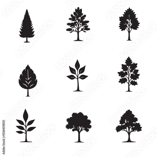 Tree top view line art illustration set featuring diverse hand drawn tree shapes. Ideal for landscape design, architectural plans, and urban planning visuals for maps, blueprints, 