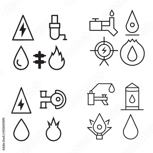 Energy Industry Icons Oil, Gas, Electricity, and Power Symbols