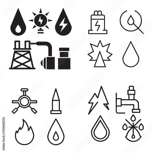 Energy Industry Icons Oil, Gas, Electricity, and Power Generation Symbols
